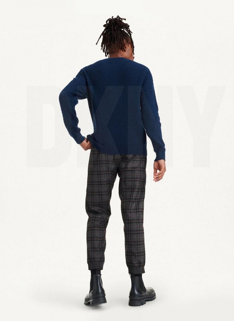 Navy DKNY Diagonal Cable Crew Men's Sweaters | USA-D1710