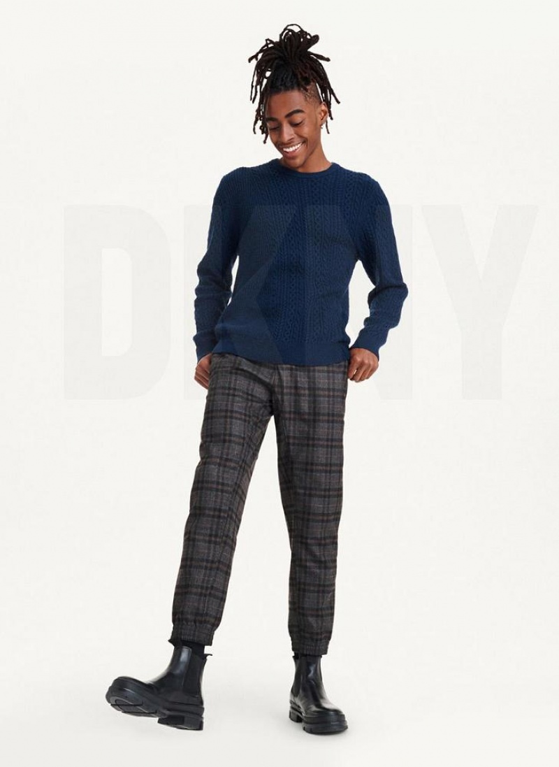 Navy DKNY Diagonal Cable Crew Men's Sweaters | USA-D1710