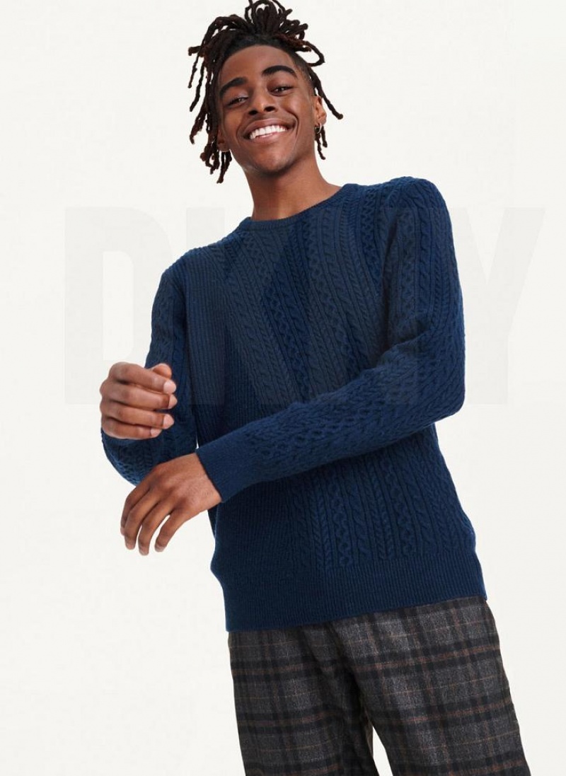 Navy DKNY Diagonal Cable Crew Men's Sweaters | USA-D1710
