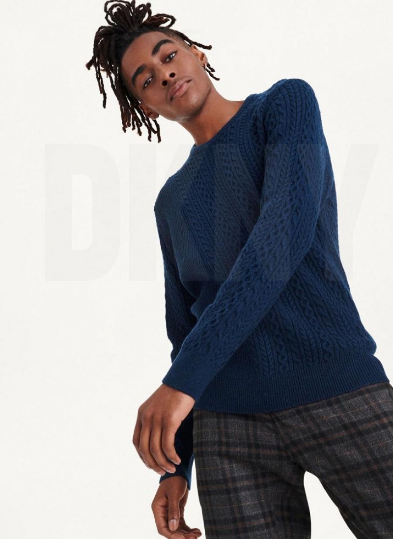 Navy DKNY Diagonal Cable Crew Men's Sweaters | USA-D1710