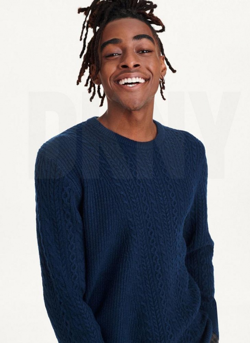 Navy DKNY Diagonal Cable Crew Men's Sweaters | USA-D1710