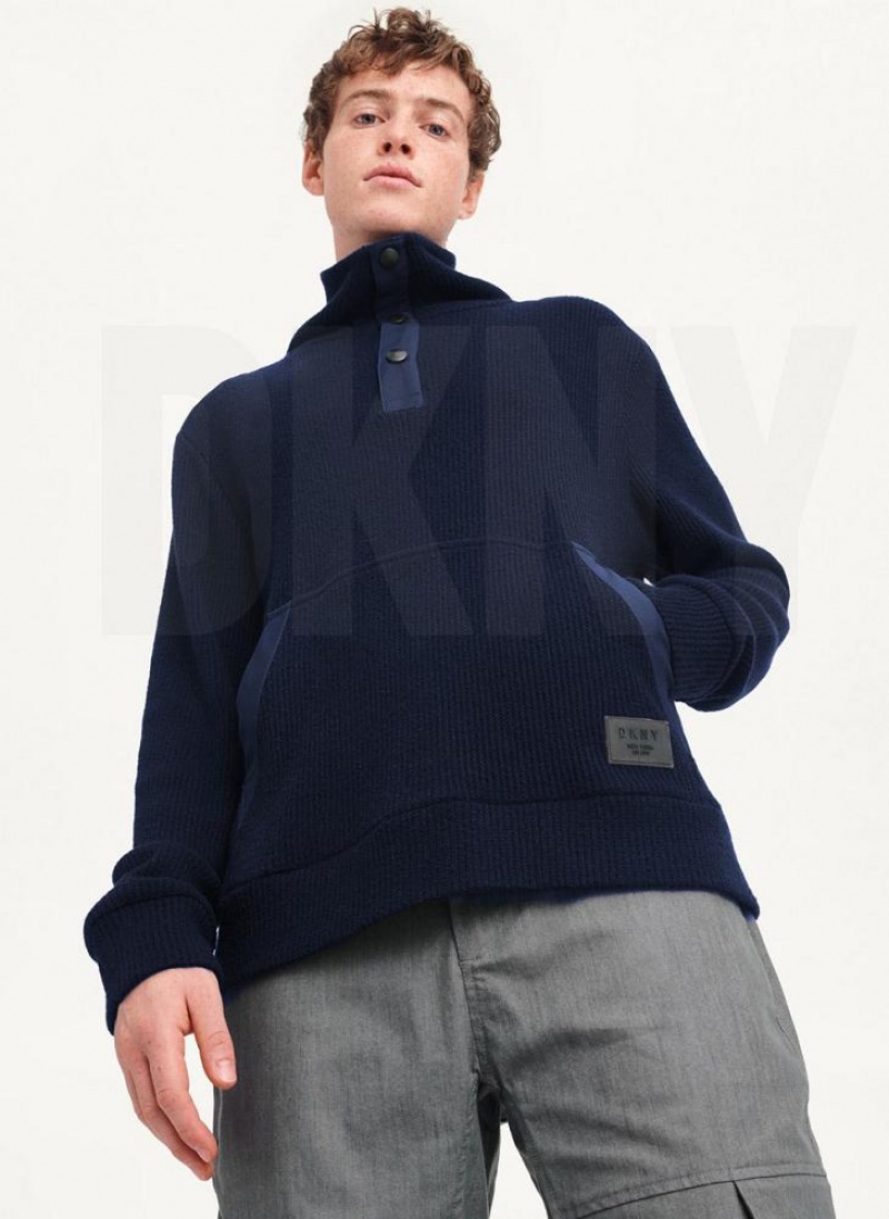 Navy DKNY Double Knit Rib Funnel Neck Men's Sweaters | USA-D1820