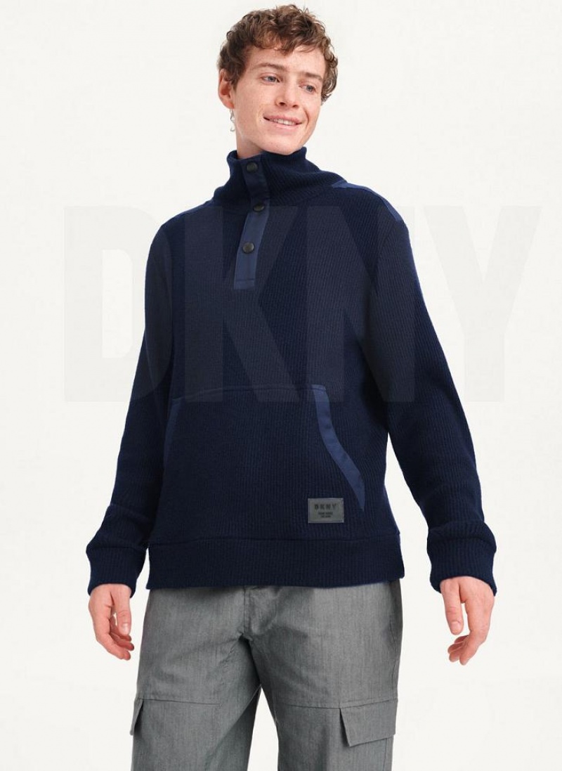 Navy DKNY Double Knit Rib Funnel Neck Men's Sweaters | USA-D1820