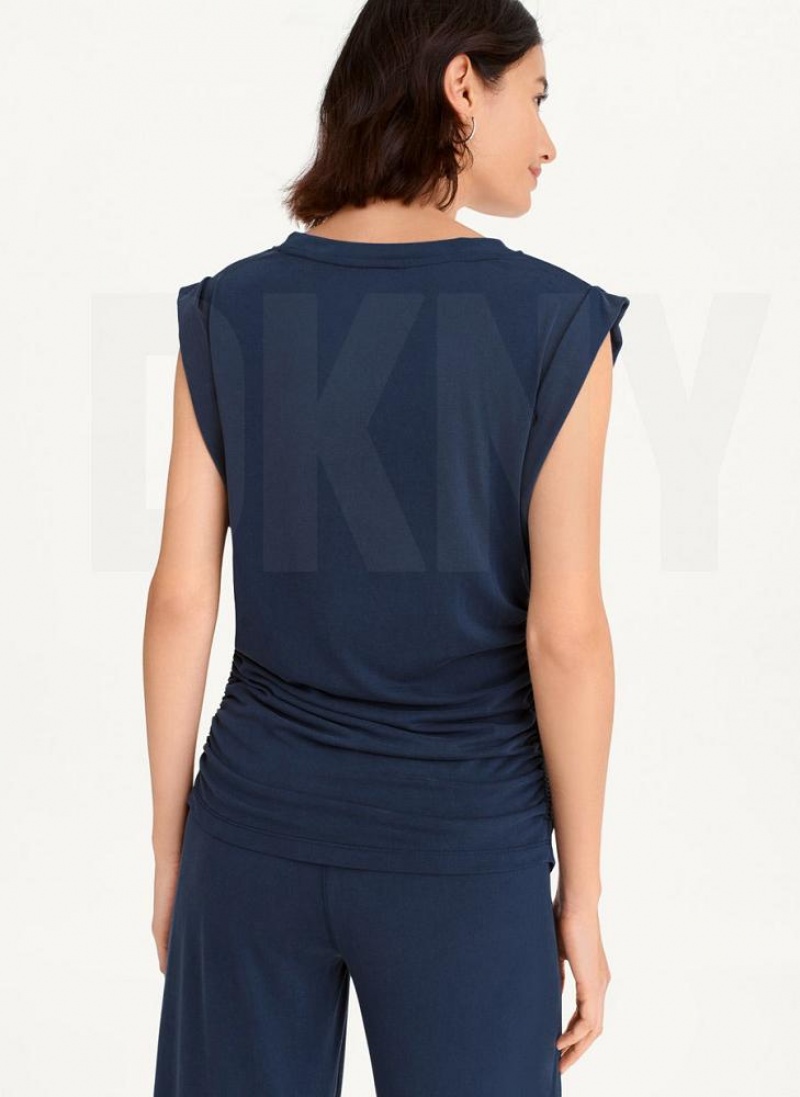 Navy DKNY Flange Sleeve With Side Ruching Women's Tank Tops | USA-D0354