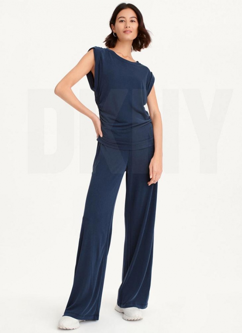 Navy DKNY Flange Sleeve With Side Ruching Women's Tank Tops | USA-D0354