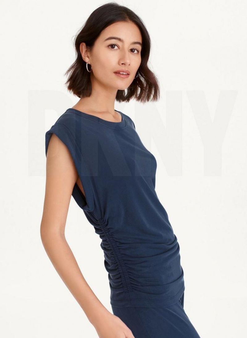 Navy DKNY Flange Sleeve With Side Ruching Women's Tank Tops | USA-D0354