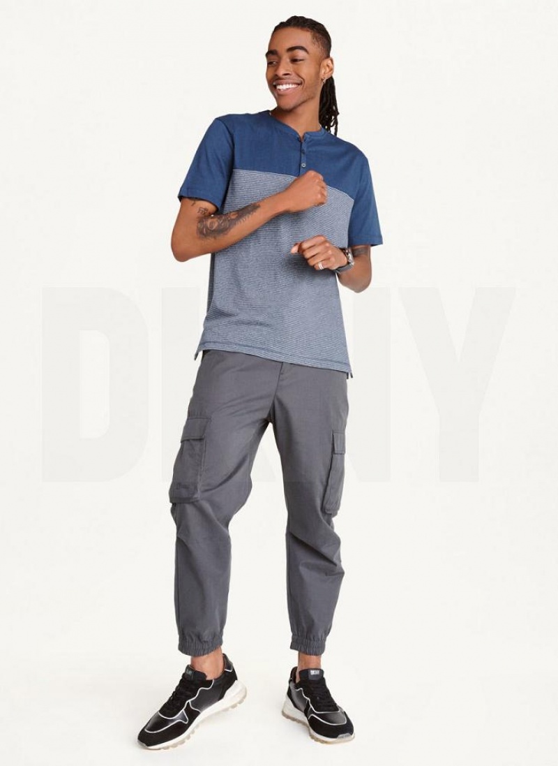 Navy DKNY Henley Men's T Shirts | USA-D0736