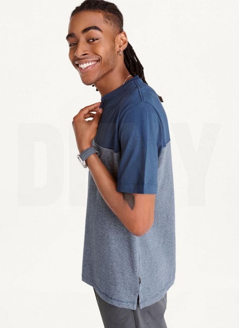 Navy DKNY Henley Men's T Shirts | USA-D0736