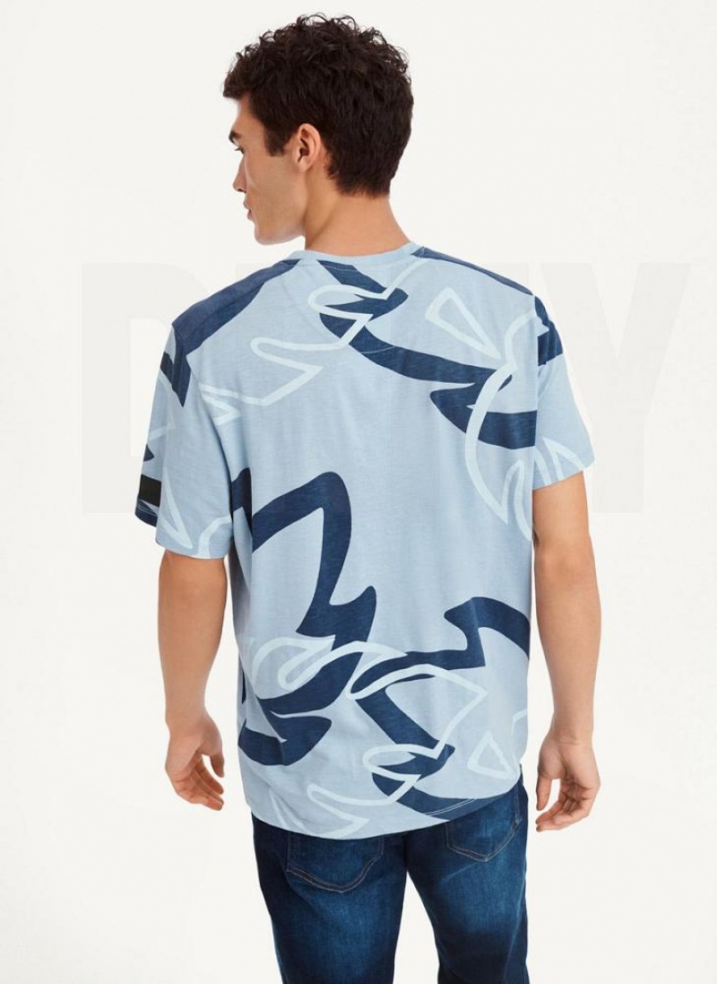 Navy DKNY Leaves Print Slub Jersey Men's T Shirts | USA-D1921