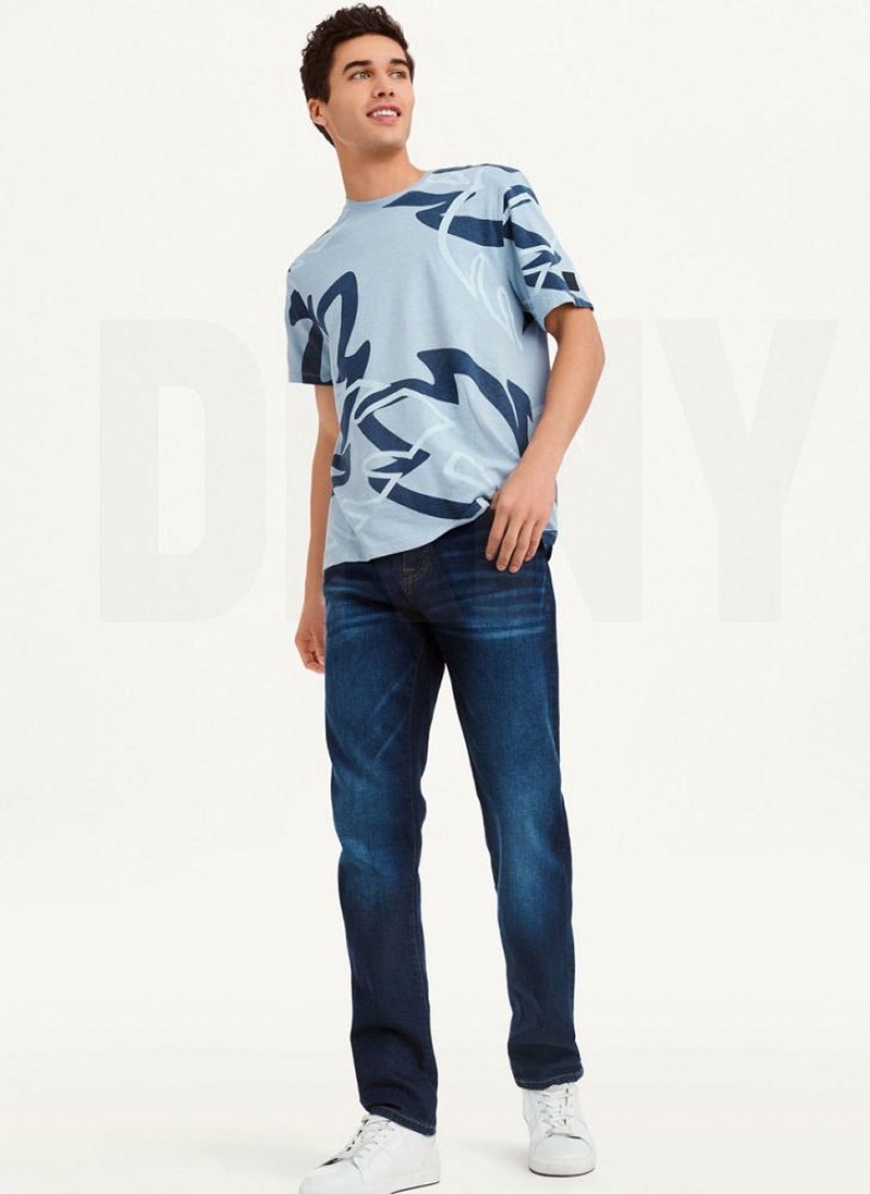 Navy DKNY Leaves Print Slub Jersey Men's T Shirts | USA-D1921