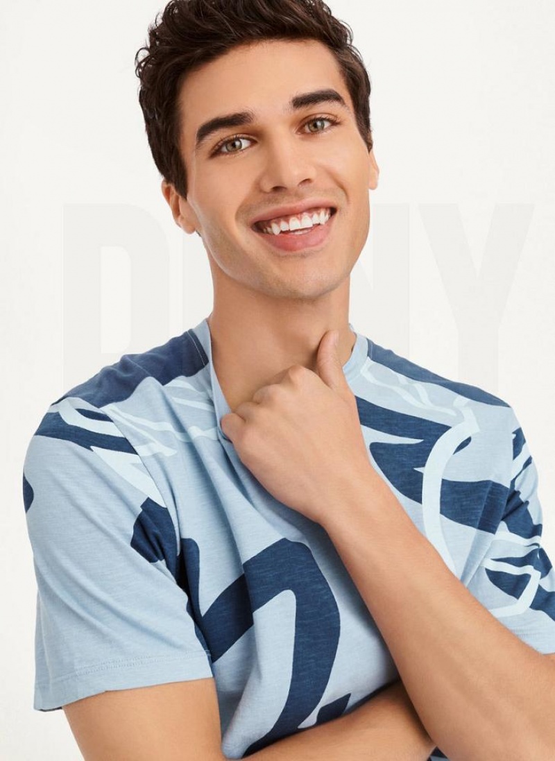 Navy DKNY Leaves Print Slub Jersey Men's T Shirts | USA-D1921