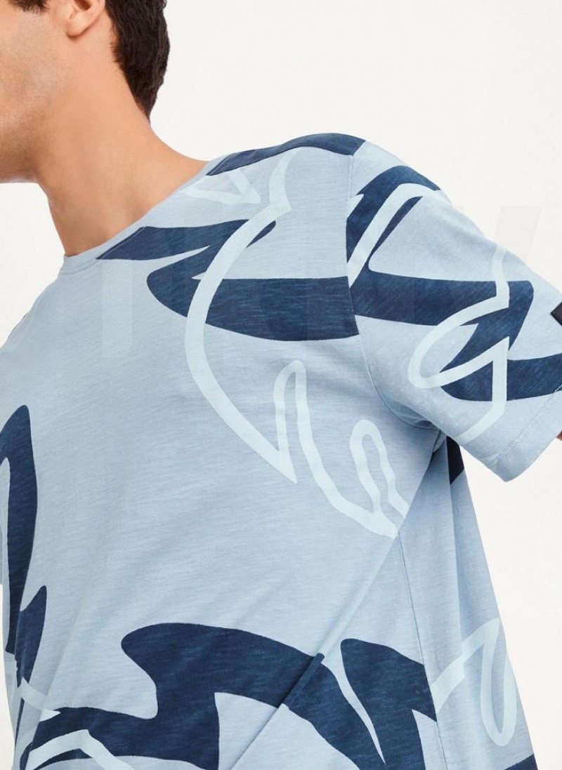 Navy DKNY Leaves Print Slub Jersey Men's T Shirts | USA-D1921