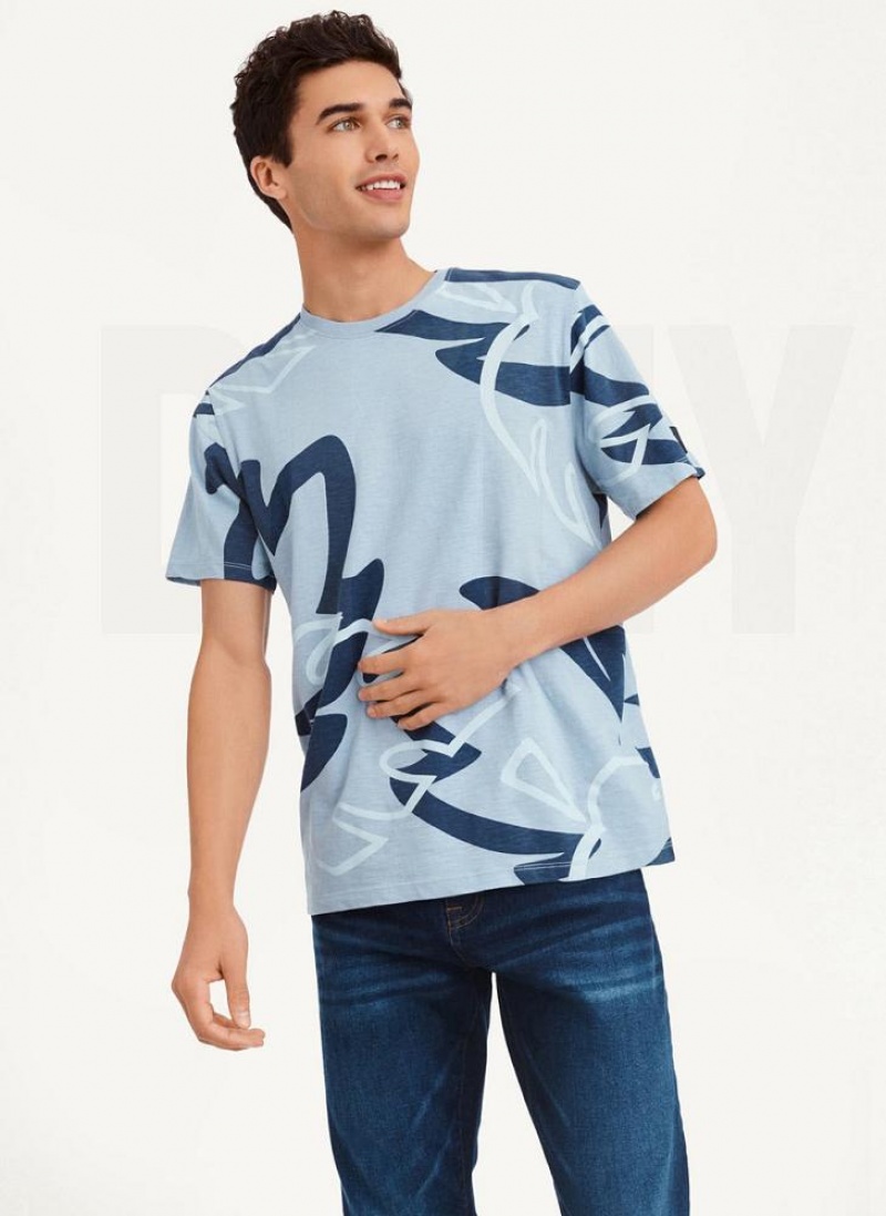 Navy DKNY Leaves Print Slub Jersey Men\'s T Shirts | USA-D1921