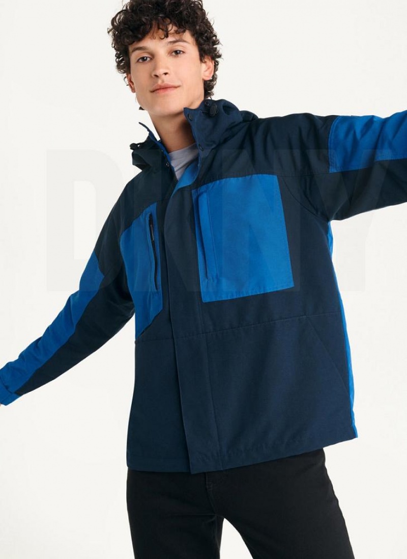 Navy DKNY Nylon Colorblock Four-Pocket Hooded Men's Jackets | USA-D0355