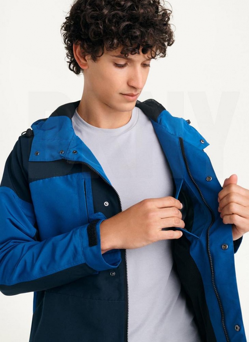 Navy DKNY Nylon Colorblock Four-Pocket Hooded Men's Jackets | USA-D0355