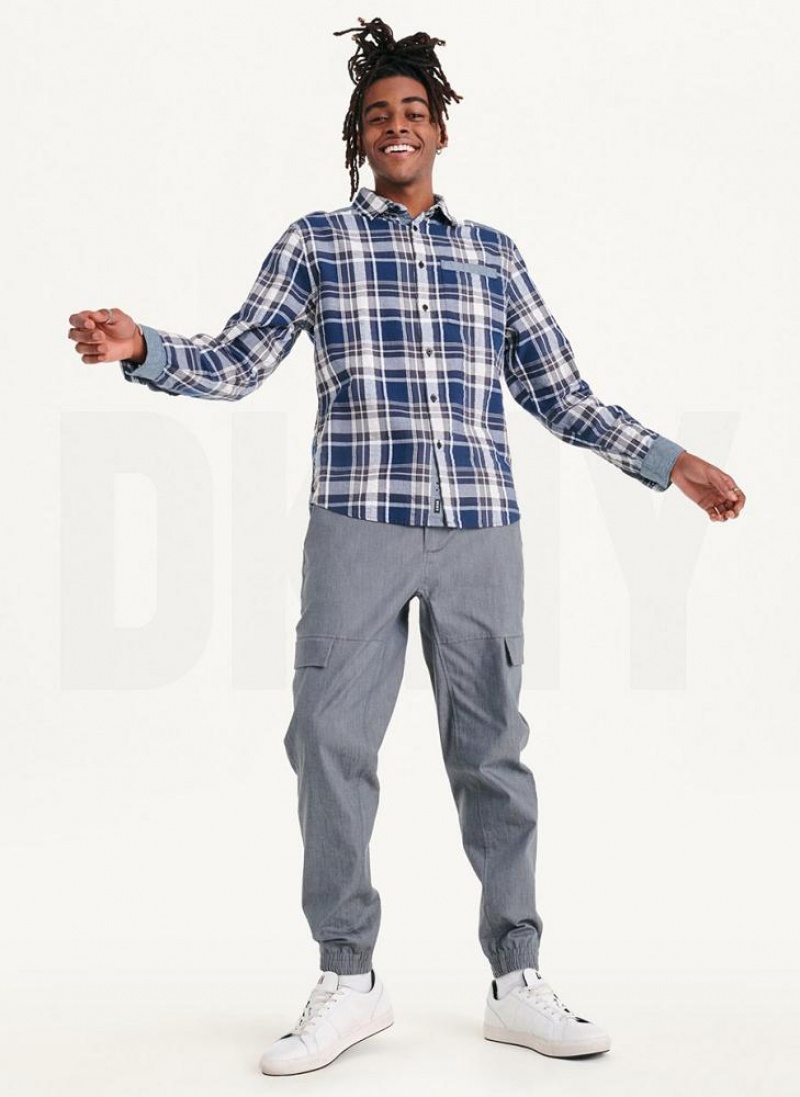 Navy DKNY Plaid Long Sleeve Button Up Men's Shirts | USA-D0718