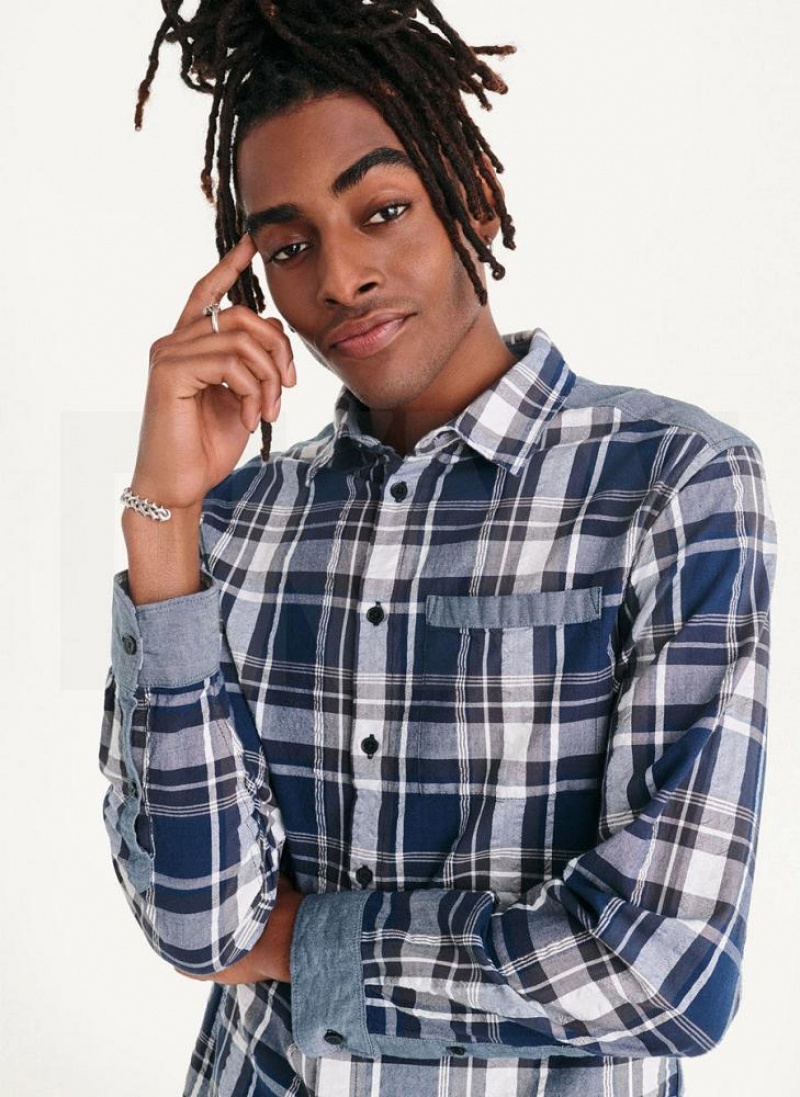 Navy DKNY Plaid Long Sleeve Button Up Men's Shirts | USA-D0718