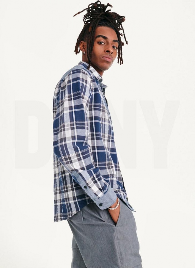 Navy DKNY Plaid Long Sleeve Button Up Men's Shirts | USA-D0718