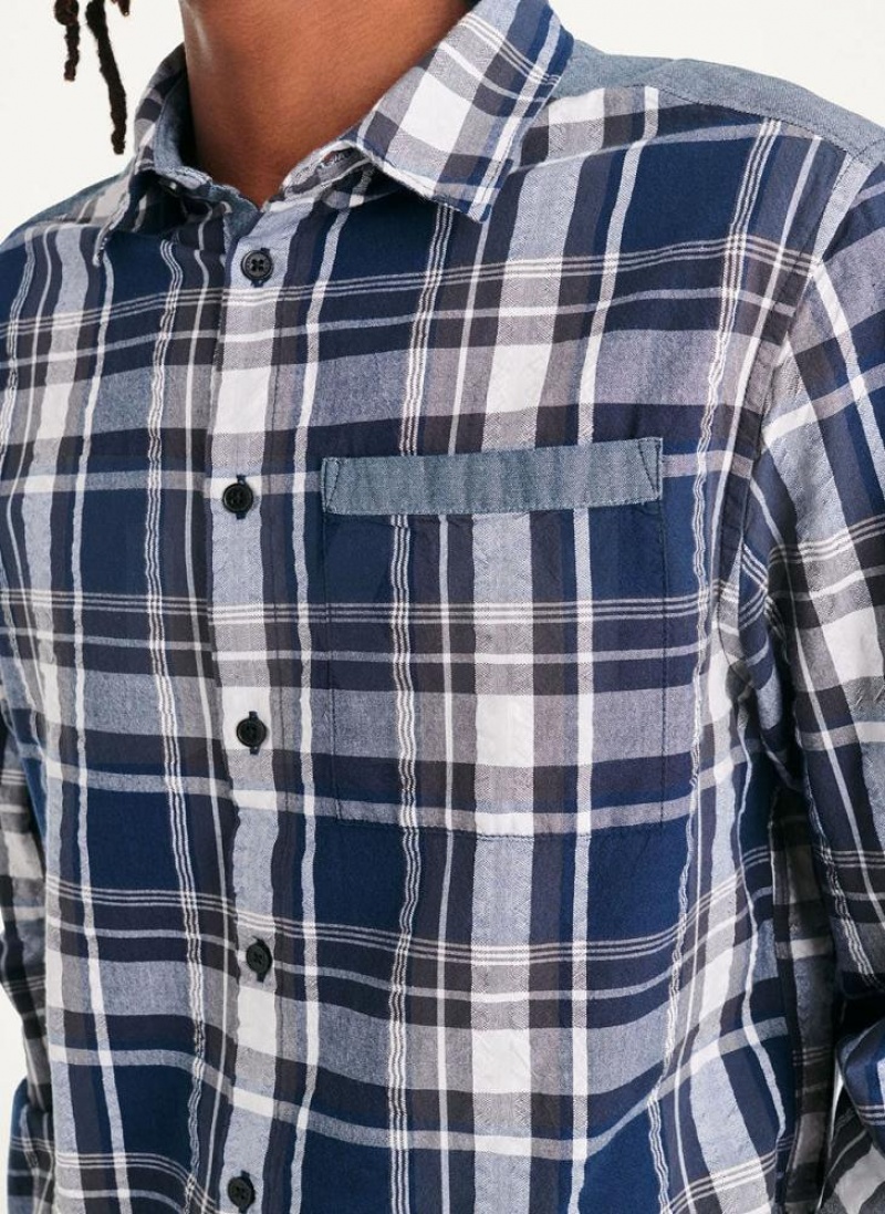 Navy DKNY Plaid Long Sleeve Button Up Men's Shirts | USA-D0718