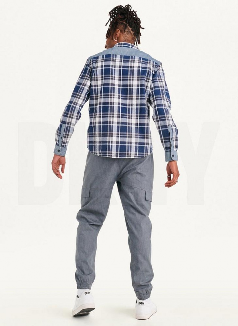 Navy DKNY Plaid Long Sleeve Button Up Men's Shirts | USA-D0718
