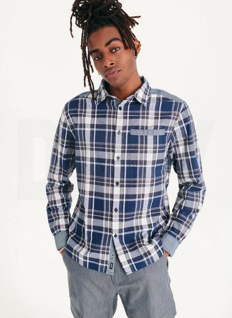Navy DKNY Plaid Long Sleeve Button Up Men\'s Shirts | USA-D0718
