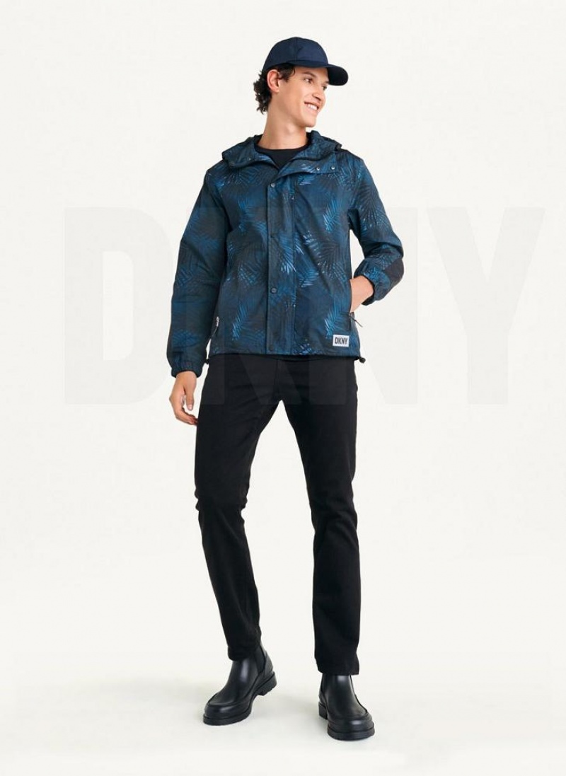 Navy DKNY Printed Nylon Wild Palm Hooded Rain Men's Jackets | USA-D0300