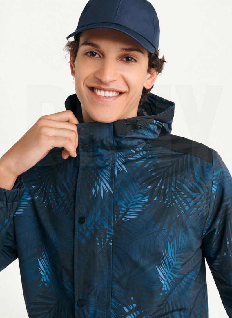 Navy DKNY Printed Nylon Wild Palm Hooded Rain Men's Jackets | USA-D0300