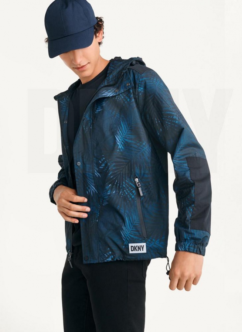Navy DKNY Printed Nylon Wild Palm Hooded Rain Men's Jackets | USA-D0300