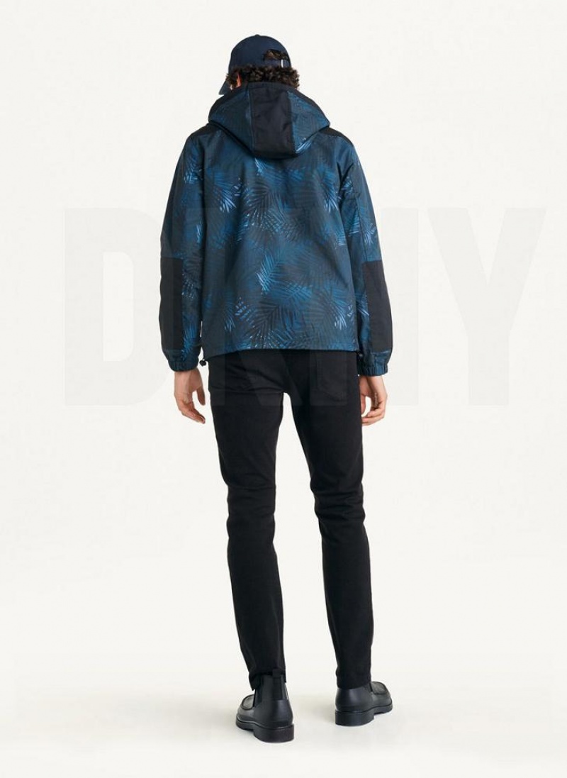 Navy DKNY Printed Nylon Wild Palm Hooded Rain Men's Jackets | USA-D0300