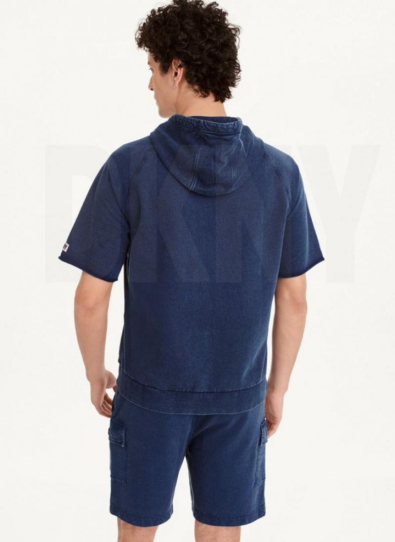 Navy DKNY Short Sleeve Pigment Dye Men's Hoodies | USA-D1666