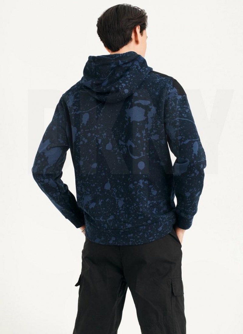 Navy DKNY Splat Print Terry Men's Hoodies | USA-D0579