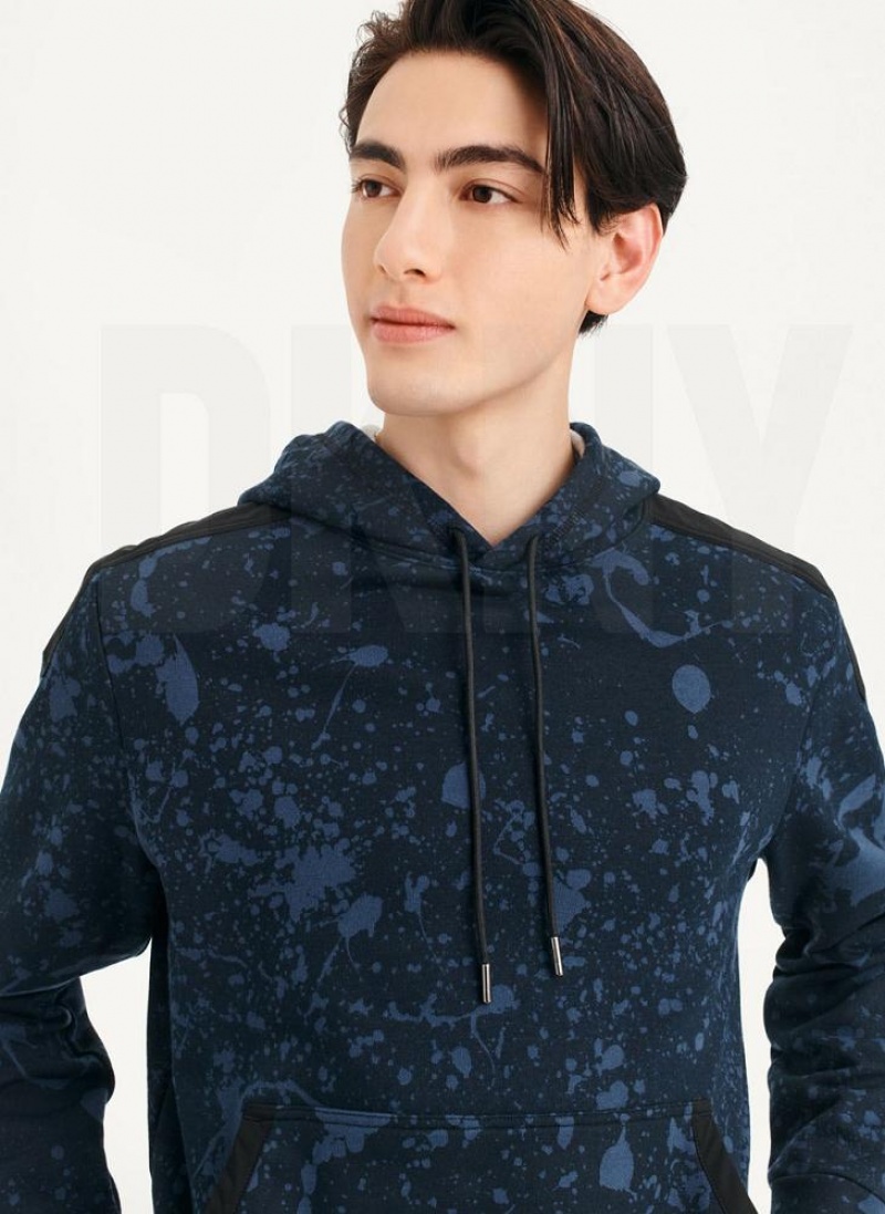 Navy DKNY Splat Print Terry Men's Hoodies | USA-D0579