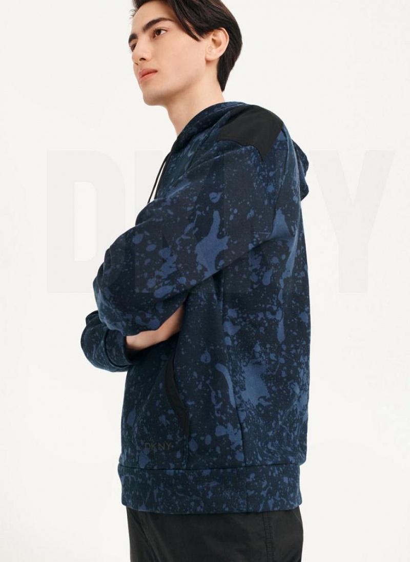 Navy DKNY Splat Print Terry Men's Hoodies | USA-D0579