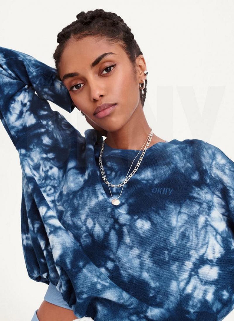 Navy DKNY Tie Dye Crew Neck Pullover With Tie Women's Sweatshirts | USA-D0987