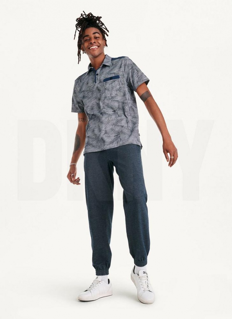 Navy DKNY Tropical Knit Jacquard Men's Polo Shirts | USA-D1821