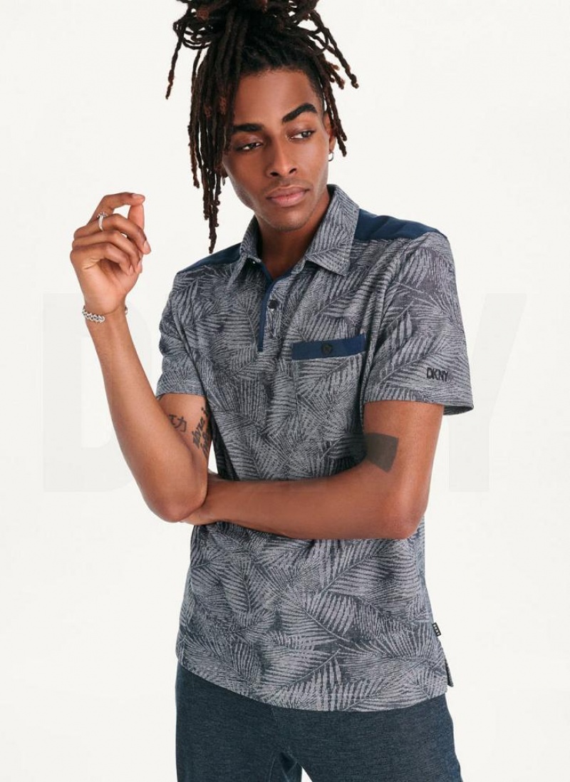 Navy DKNY Tropical Knit Jacquard Men's Polo Shirts | USA-D1821
