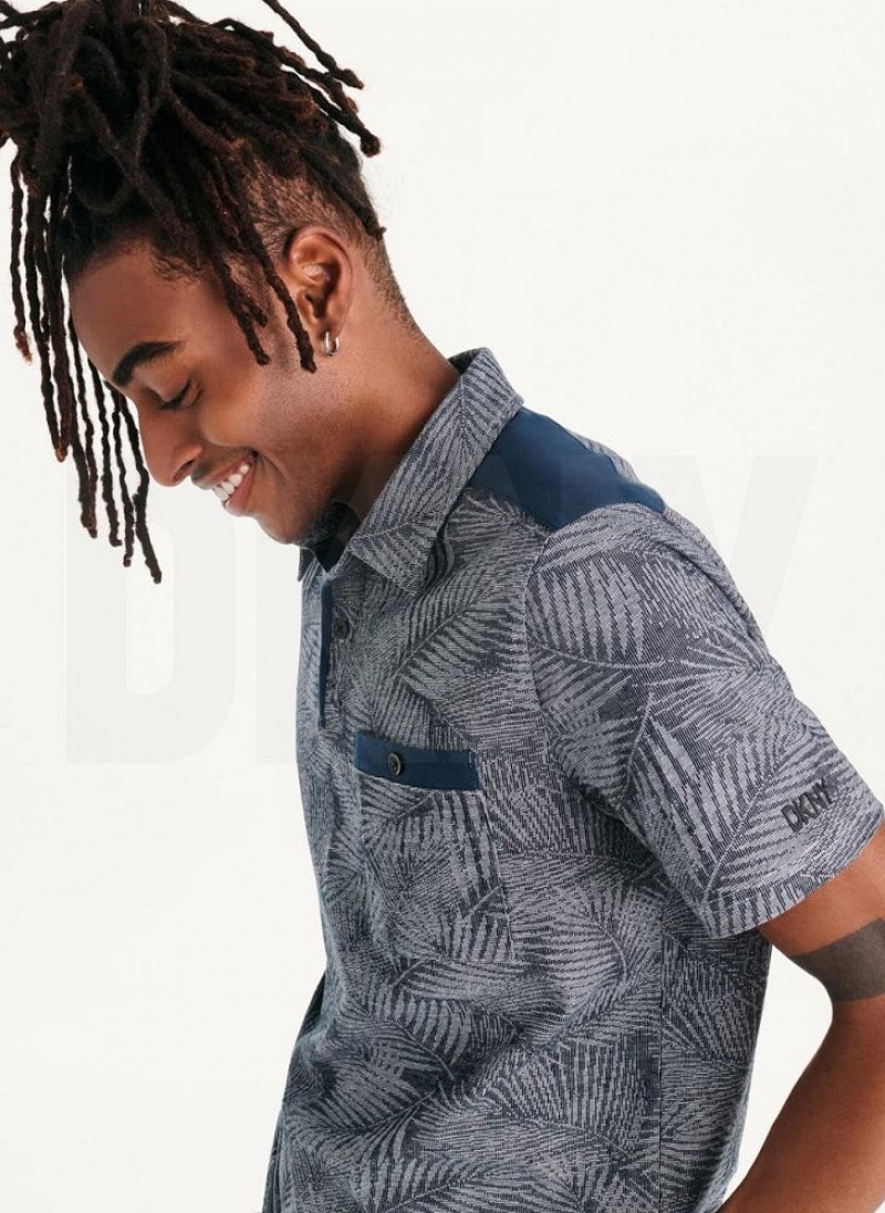 Navy DKNY Tropical Knit Jacquard Men's Polo Shirts | USA-D1821