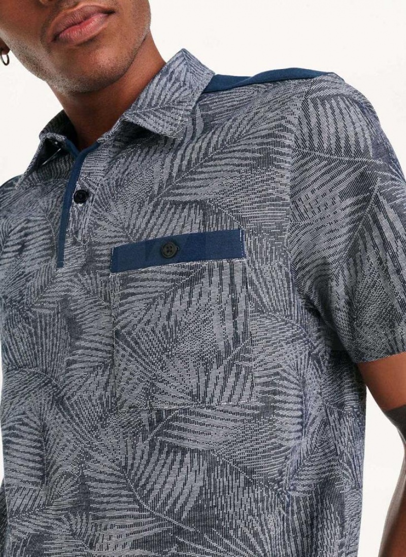 Navy DKNY Tropical Knit Jacquard Men's Polo Shirts | USA-D1821