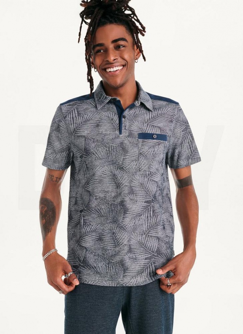Navy DKNY Tropical Knit Jacquard Men\'s Polo Shirts | USA-D1821