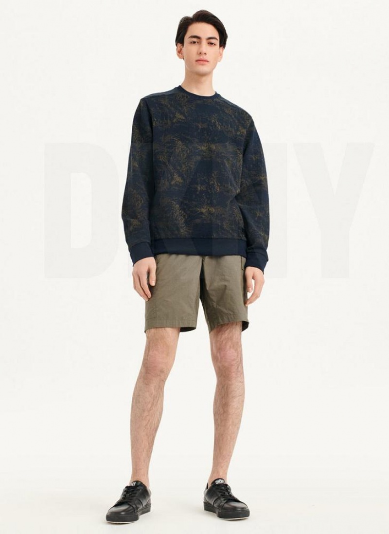 Navy DKNY Tropical Knit Mixed Media Crewneck Men's Sweatshirts | USA-D1114