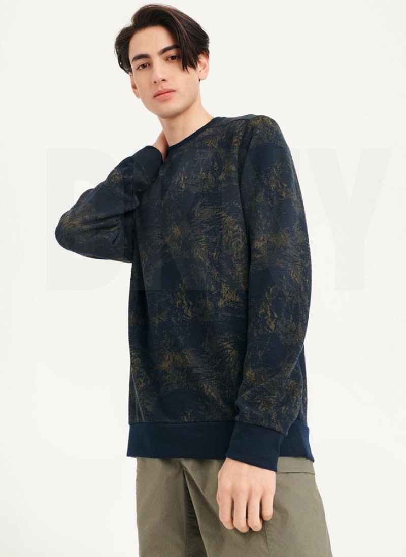 Navy DKNY Tropical Knit Mixed Media Crewneck Men's Sweatshirts | USA-D1114
