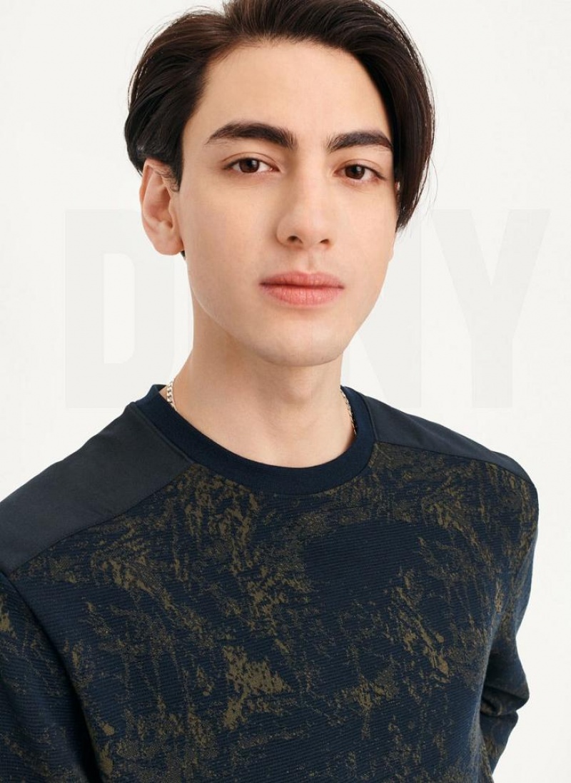 Navy DKNY Tropical Knit Mixed Media Crewneck Men's Sweatshirts | USA-D1114