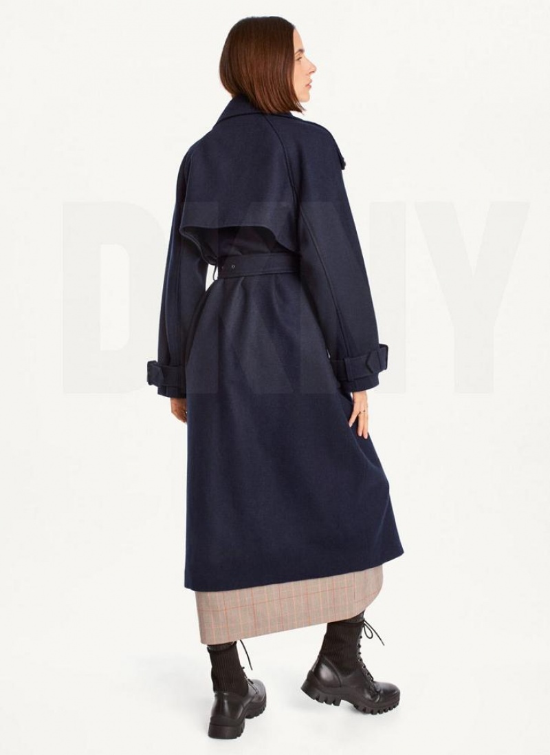 Navy DKNY Wool Trench With Belt Women's Coats | USA-D1367