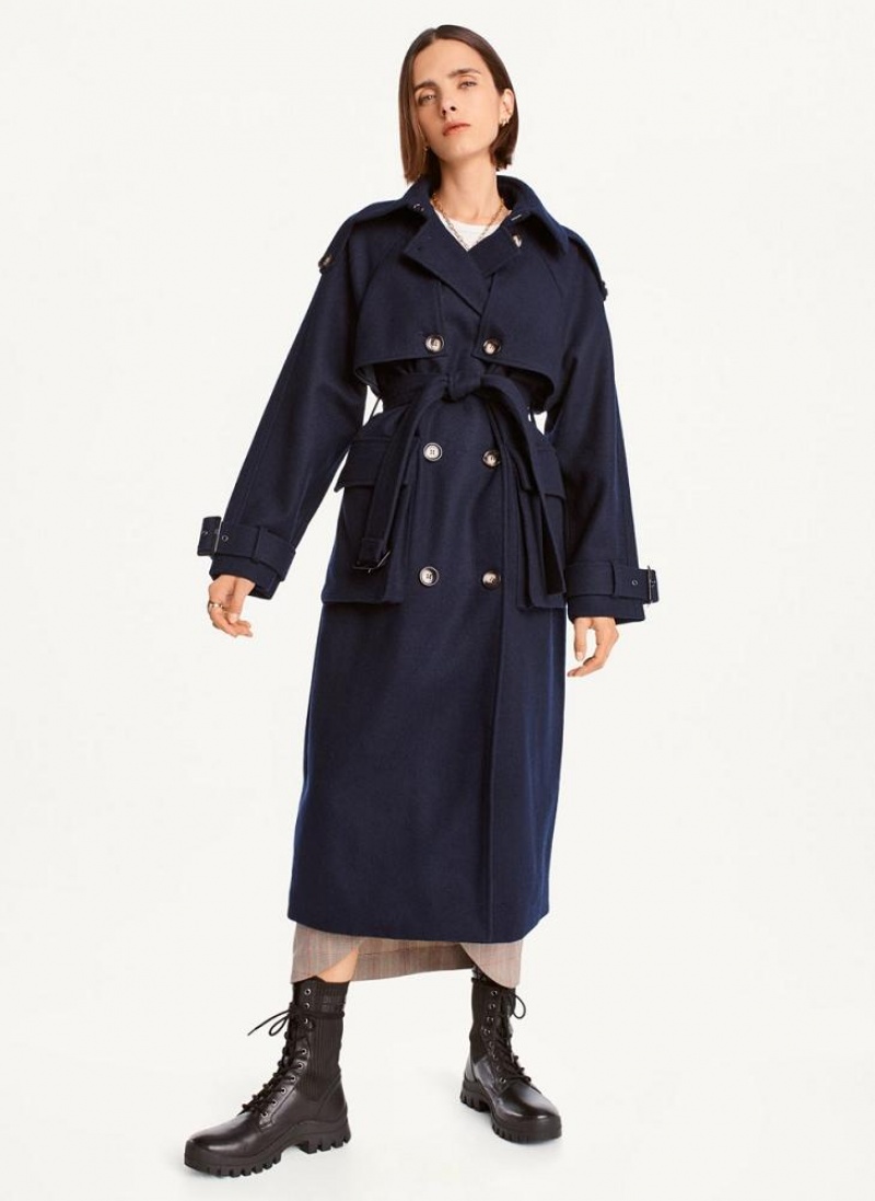 Navy DKNY Wool Trench With Belt Women's Coats | USA-D1367