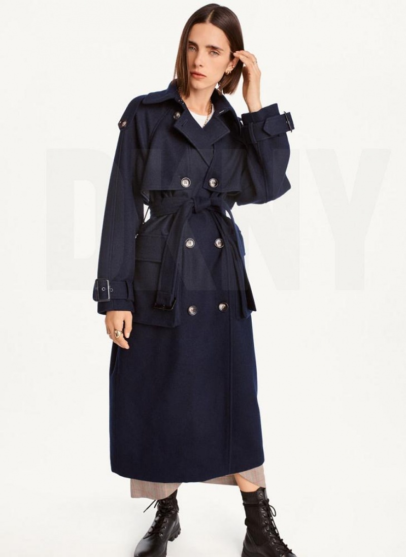 Navy DKNY Wool Trench With Belt Women\'s Coats | USA-D1367