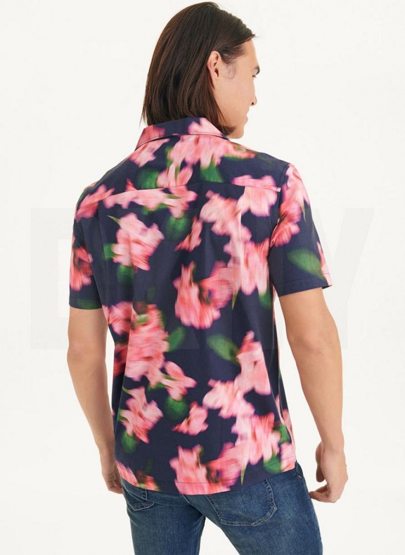 Navy / Pink DKNY Blurred Floral Camp Men's Shirts | USA-D1548