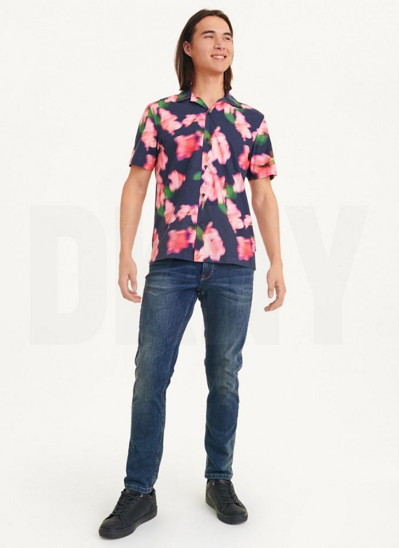 Navy / Pink DKNY Blurred Floral Camp Men's Shirts | USA-D1548