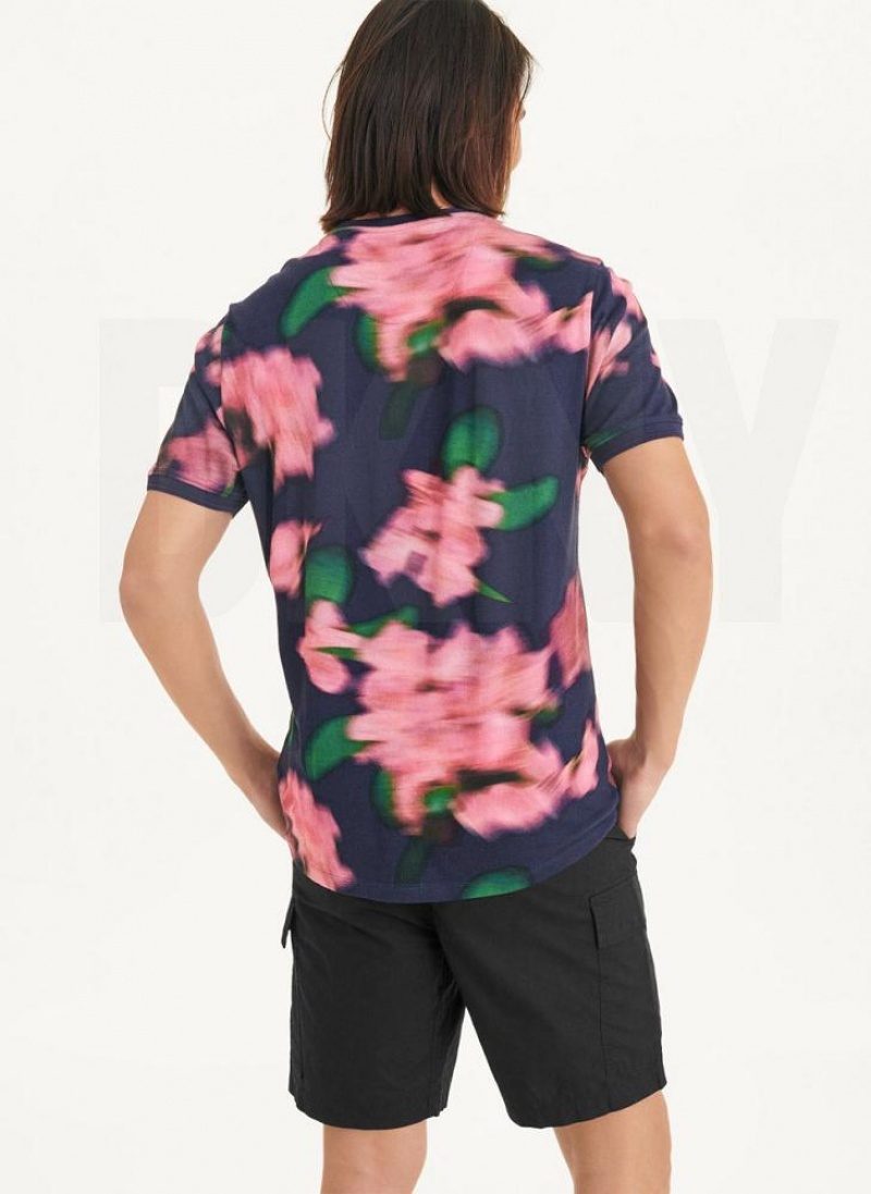 Navy / Pink DKNY Blurry Floral Crew Men's T Shirts | USA-D0324