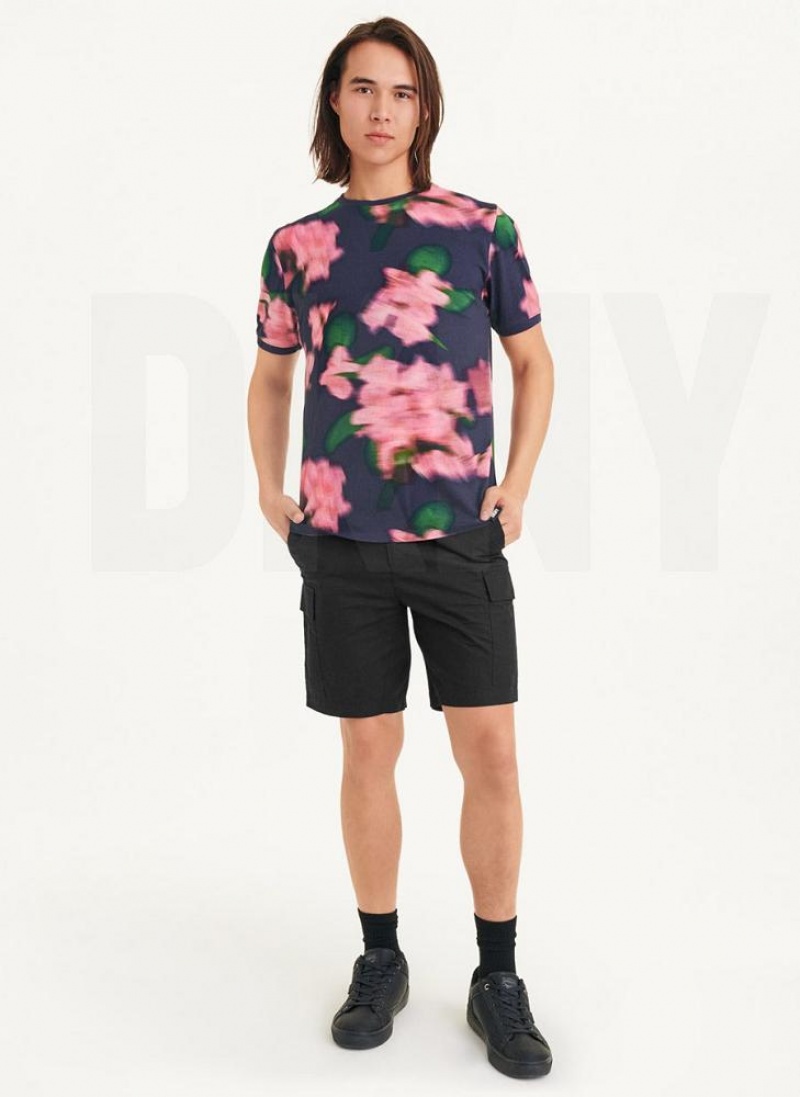 Navy / Pink DKNY Blurry Floral Crew Men's T Shirts | USA-D0324