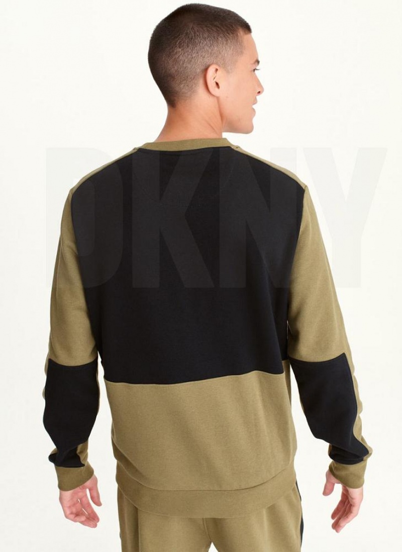 Olive Black DKNY Long Sleeve Color Block Crew Neck Men's Sweatshirts | USA-D0912